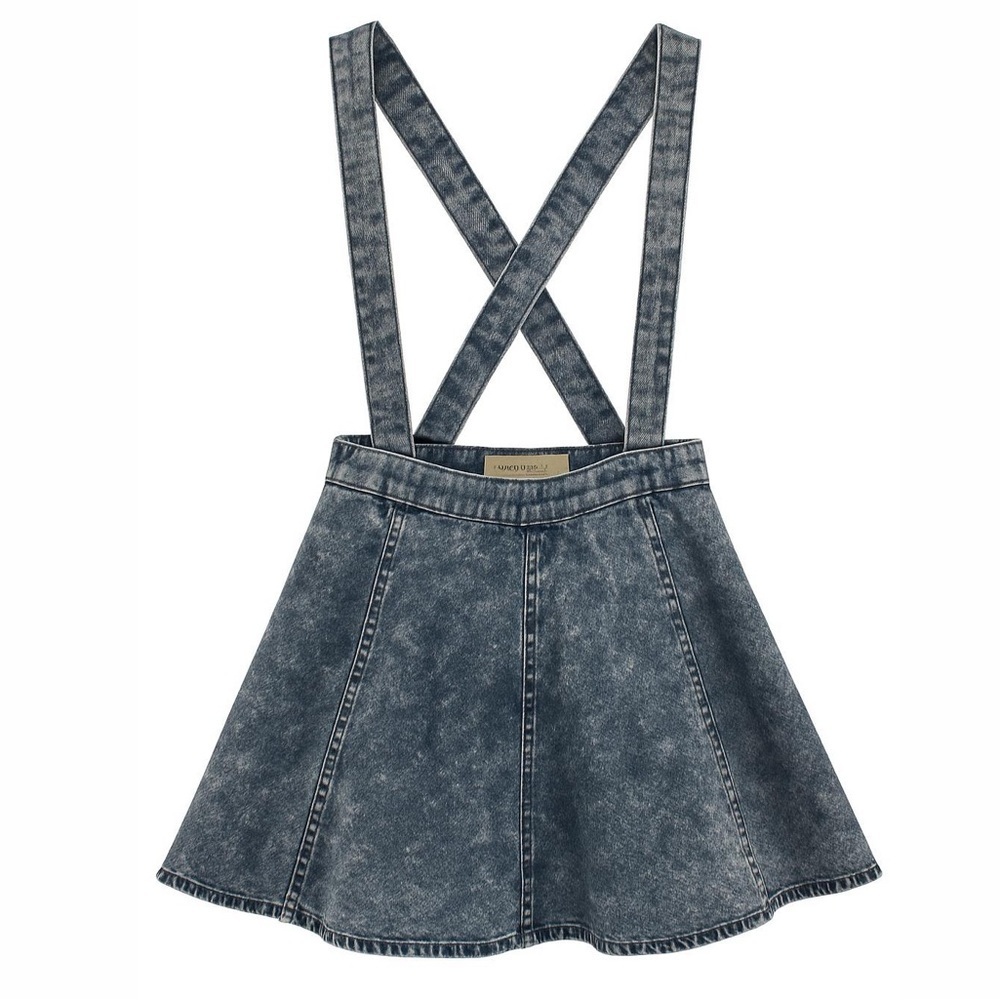 Acid Wash Denim Mini Skater Skirt Button On Suspenders Cotton En Crème Y2K Retro
